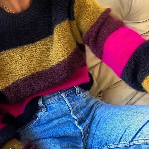 A.L.C. Waverly Colorblock Striped Sweater Crew Neck Mohair Wool Black Green Cozy - Picture 1 of 6